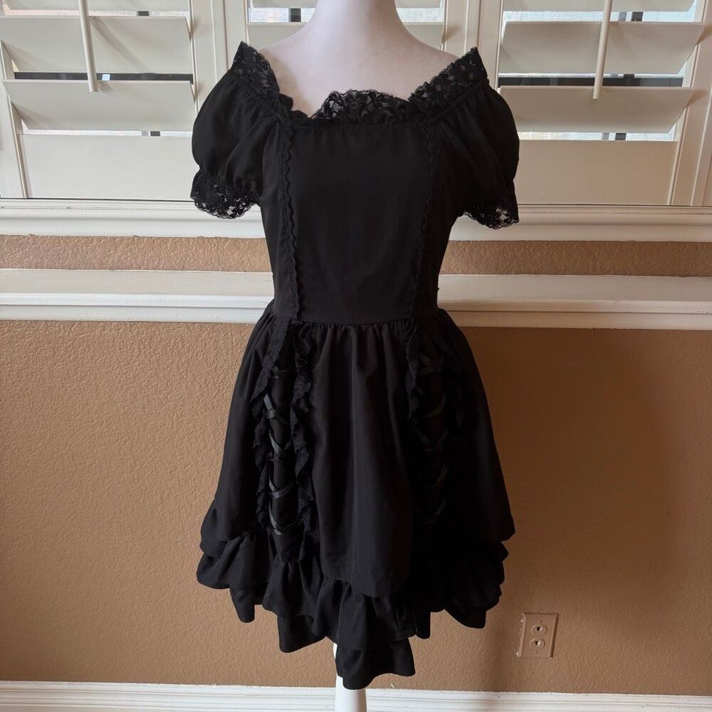 Gothic Black Lace Trim Mini Dress Sz S Puff Sleeves Halloween Party Costume Alt